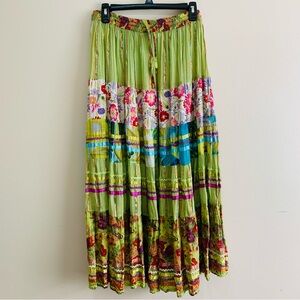 Natural Floral Patchwork Maxi Skirt - Green and Multicolor print size large